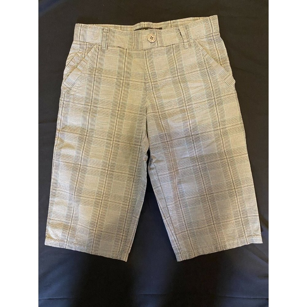 $68 New IKKS Shorts 10 Adj Waist Madras Plaid Tan Surf Board Shorts Bermuda